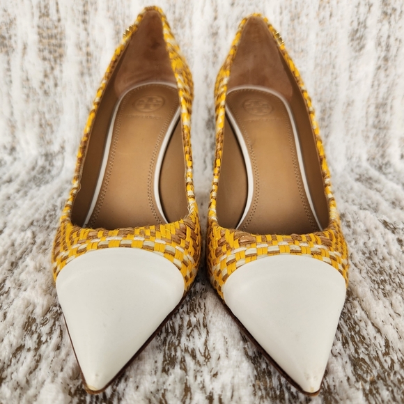 Tory Burch "Penelope" Yellow Textured Woven Cap Toe Pumps | Women's Size 6.5 - Picture 4 of 13